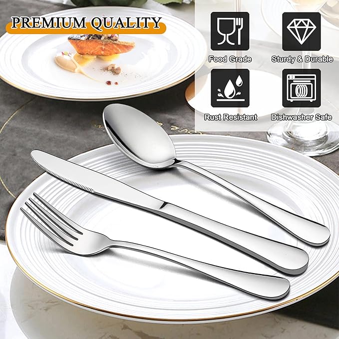 LIANYU 46-Piece Silverware Flatware Set for 8, Plus Serving Utensils, Stainless Steel Cutlery Tableware, Includes Fork Spoon Knife, Mirror Polished, Dishwasher Safe
