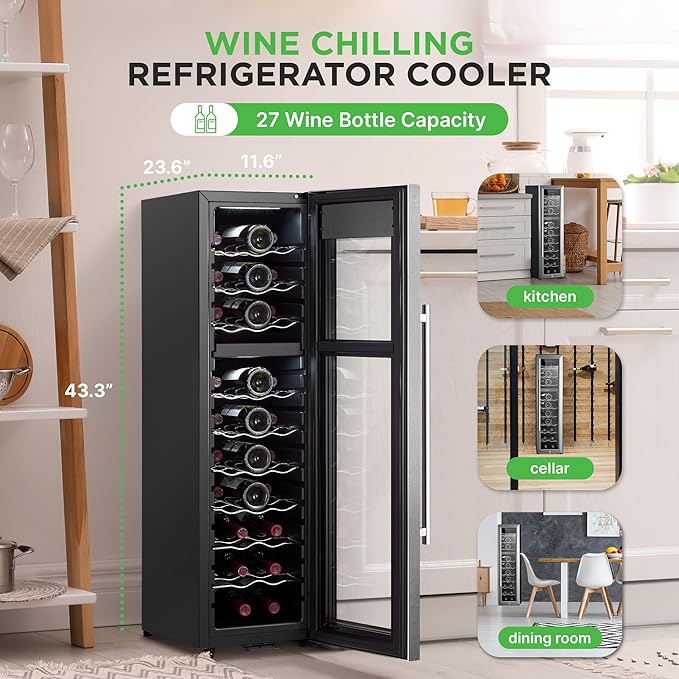 Nutrichef 27 Bottle Wine Fridge - Dual Zone Wine Chiller, Adjustable Temperature 41°F to 64°F, Ultra Quiet Operation, Free Standing Wine Cooler For Home, & Office, 43 x 11 x 26 IN (Black)