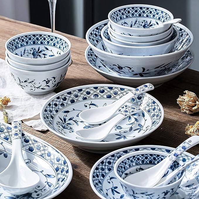 Dinnerware Set Dinner Party Tableware Service Set Ceramics Dinner Sets, Blue and White Porcelain Dinnerware Set of 45 | Simplicity Cereal Bowl and Steak Plate Set for Family Dinner