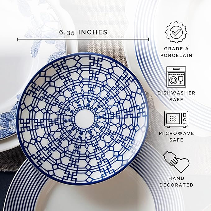 Caskata Newport Garden Appetizer Plates Set of 4 | High-Design Lead-Free Porcelain Dinnerware Dessert Plates Set | Blue Dinnerware Set for Entertaining Everyday, Wedding or Birthday Gifts | 6.35 in