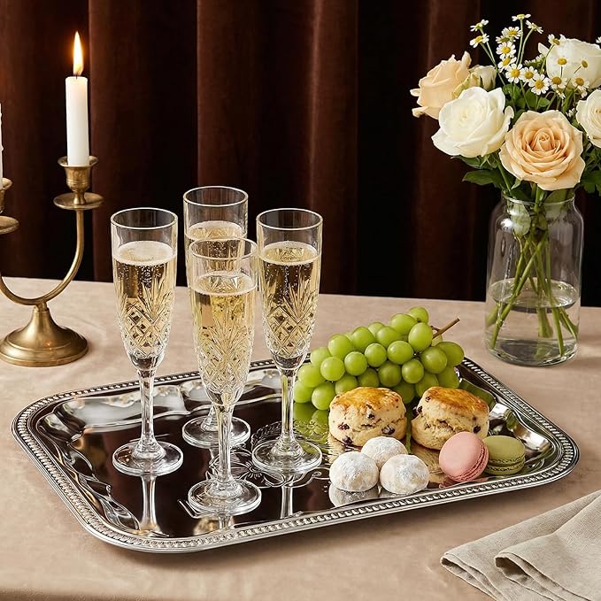 4 Pcs Large Silver Serving Trays, 15.7" x 11.8" Stainless Steel Rectangle Serving Tray, Decorative Silver Plates, Floral Engraved Tray, Metal Sizzler Plates for Coffee Table, Bar, Party, Club, Home