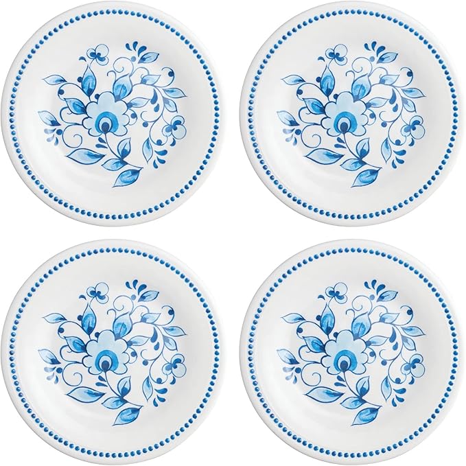 UP UPware Blue and White Floral Melamine Round Dessert Plates, Small Serving Plates, for Appetizer, Snacks, and Side Dishes, Blue, 6 Inch, Set of 4