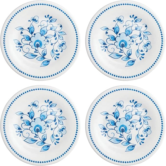 UP UPware Blue and White Floral Melamine Round Dessert Plates, Small Serving Plates, for Appetizer, Snacks, and Side Dishes, Blue, 6 Inch, Set of 4