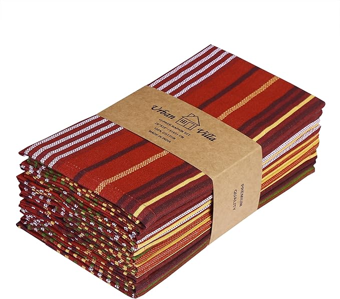 Urban Villa Cloth Napkins Set of 12 20x20 Inches 100% Cotton Napkins Cloth Washable Durable Reusable Absorbent Table Dinner Napkins Cloth for Thanksgiving Hotel Lunch Restaurant Parties –Stripes Print