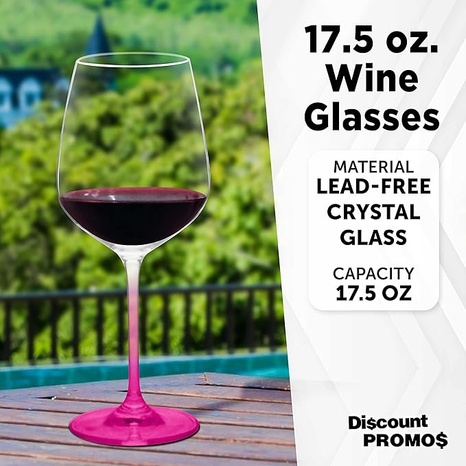 DISCOUNT PROMOS Crystal Wine Glasses 17.5 oz. Set of 12, Bulk Pack - Restaurant Glassware, Perfect for Red Wine or White Wine - Pink