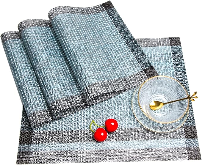 Placemats,PlasticVinyl Washable Heat-Resistant Durable PVC Non-Slip Woven for Kitchen Dining Table Mats (Set of 6, Blue Silver)