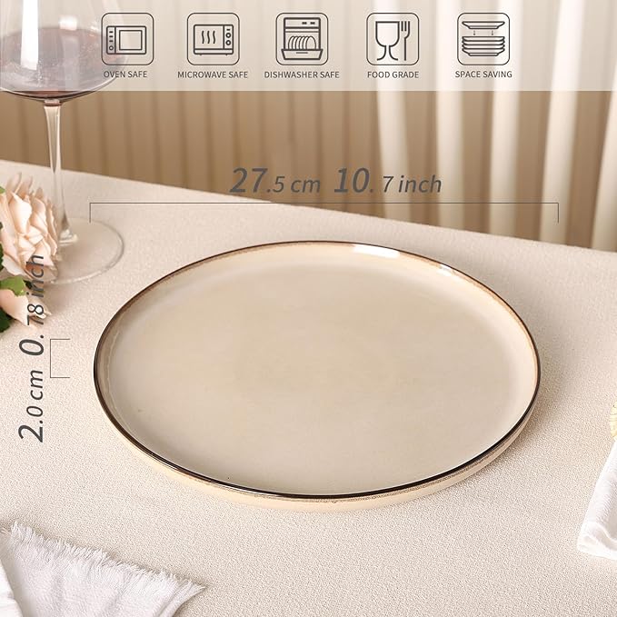 Dinner Plates Set of 4: Ceramic 10.7 Inch Handmade Reactive Glaze Stoneware Plates for kitchen, Modern Dinnerware Plates, Microwave & Dishwasher Safe, Scratch Resistant (Beige)