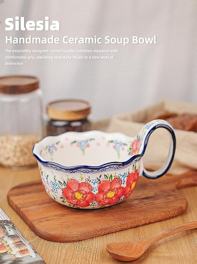 silesia Handmade Ceramic Soup Bowl, 30 oz Hand Painted Bowl with Loop Handle, Floral Design Cereal Bowl for Soup, Ice cream, Snack, Microwave & Dishwasher Safe (Flowers Pink)