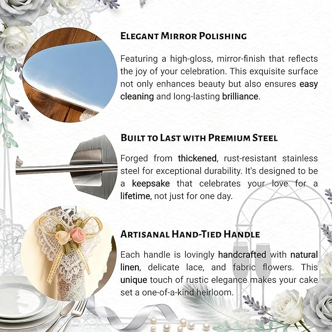 Wedding Cake Knife and Server Set – 10.83" Serrated Knife & 9.84" Server with Rustic Lace Burlap Handles, Stainless Steel Blades, for Bride & Groom, Anniversary & Engagement Gift (silver)
