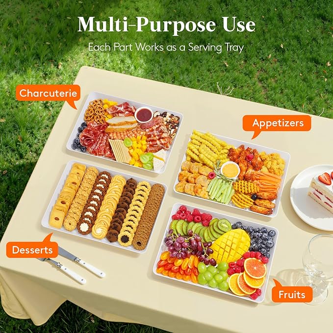 Lifewit Plastic Serving Platter for Party Supplies, 8 Pcs White Platters for Serving Food, Reusable Tray for Buffet, Fruit, Charcuterie, Snack, Rectangle, Holiday Christmas Essentials, BPA Free