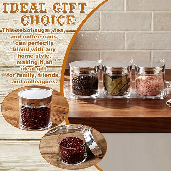 Set of 3 Acrylic Sugar Container with Lid Spoon and Tray 7oz Clear Condiment Coffee Jars Container with Labels Seasoning Salt Box Set for Kitchen Storage Coffee Bar