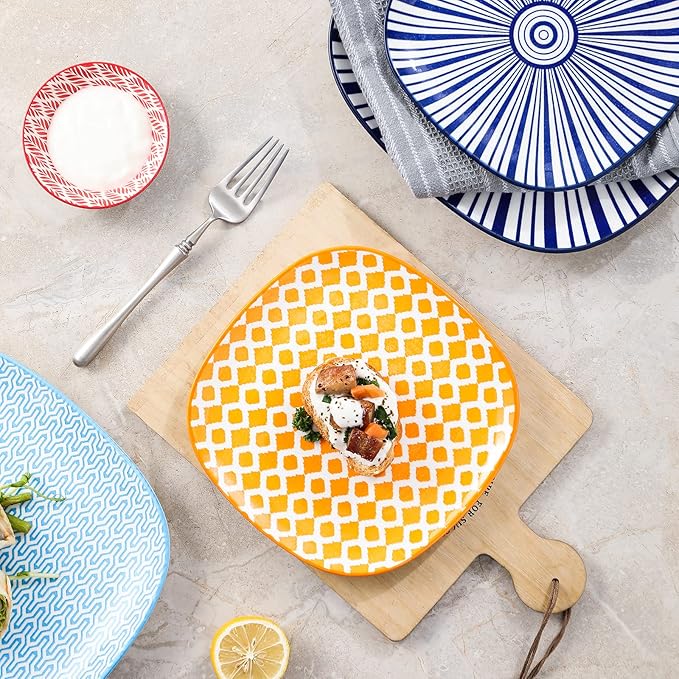 Selamica Porcelain Square Dessert Salad Pasta Steak Plates 10 inches ceramic plates set of 6 microwave/dishwasher/oven safe, Assorted Colors