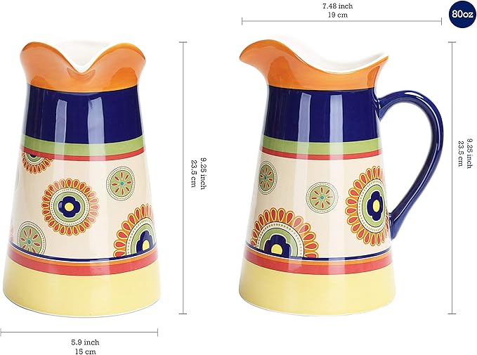 Bico Tunisian Ceramic 2.5 Quarts Pitcher with Handle, Decorative Vase for Flower Arrangements, Dishwasher Safe