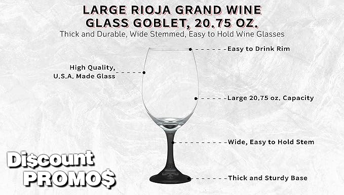 DISCOUNT PROMOS Rioja Grand Wine Glasses 20.75 oz. Set of 10, Bulk Pack - Perfect for Hotel, Bar, Restaurant or Lounge - Black