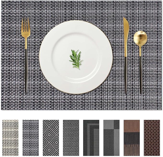 AHHFSMEI Placemats for Dining Table Set of 6 Woven Vinyl Plastic Place Mats Non-Slip Heat Insulation Stain Resistant Table Mats Washable Easy Clean Placemats (Linen Black)