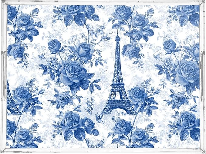 Serving Tray with Handles Clear Acrylic Tray 12x16 Inch Decorative Rectangular Tray Organizer for Ottoman Coffee Table Bathroom Blue Roses and Eiffel Tower