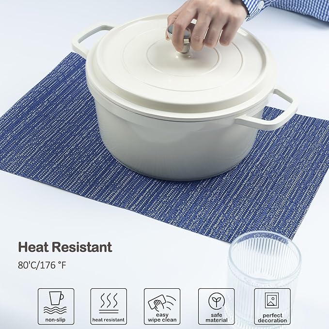 AHHFSMEI Placemats for Dining Table Set of 8 Woven Vinyl Plastic Place Mats Non-Slip Heat Insulation Stain Resistant Table Mats Washable Easy Clean Placemats (Multi Blue)