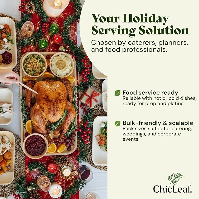 Chic Leaf 100% Compostable Disposable Palm Leaf Tray - Paper Plates Alternative - Disposable Charcuterie Boards Accessories - Round Bamboo Plates Christmas & Holiday Dinner (12'', 25 Count)