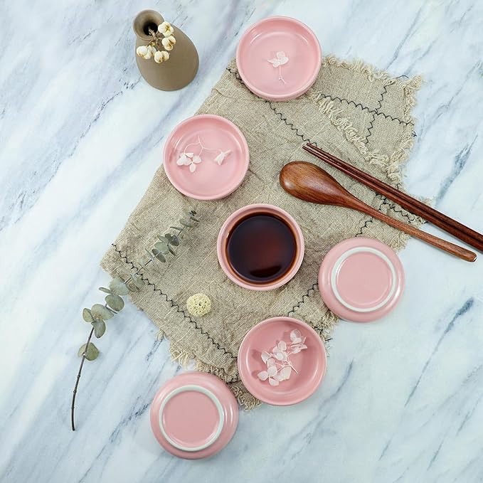 Colias Wing 3.5 Inch Simple Style Single Color Pattern Stylish Design Multipurpose Porcelain Side Dish Bowl Seasoning Dishes Soy Dipping Sauce Dishes-Set of 6-Pink