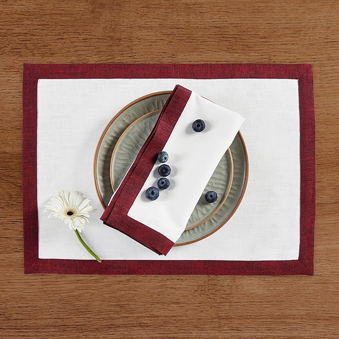 Solino Home Linen Placemats Set of 4 - Red Garnet and White Placemats 14 x 19 Inch - 100% Pure Linen Table Place Mats for Christmas, New Year - Classic, Handcrafted and Machine Washable