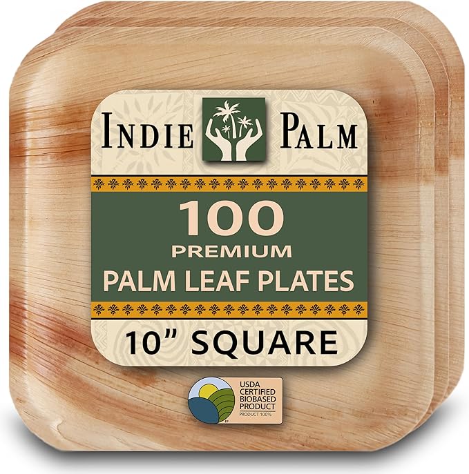 Indie Palm Disposable Palm Leaf Plates – 100 Pack 10 Inch Square – Heavy Duty, 100% Compostable & Biodegradable – Eco-Friendly Alternative to Plastic & Bamboo – Perfect for Parties & Events