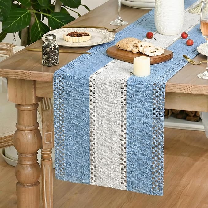 Artoid Mode Sky Blue Farmhouse Rustic Table Runner, Seasonal Hollow Kitchen Dining Table Decoration for Home Party Decor 12x48 Inch