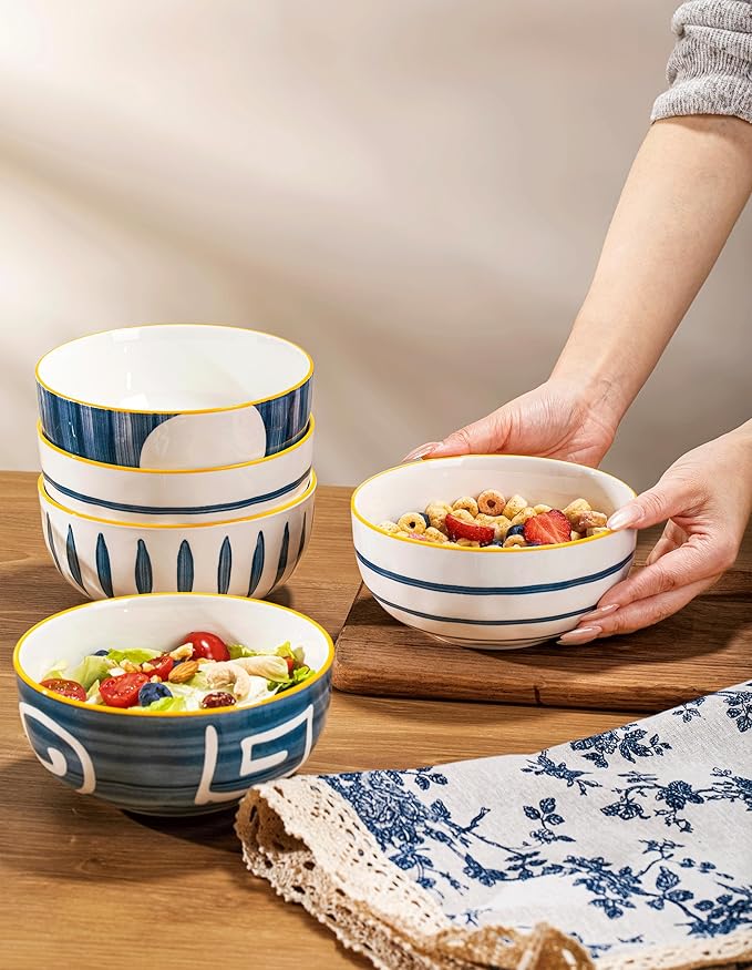 Yeacccng Ceramic Cereal Bowls Set of 4, 27 Oz Soup Bowls, 6 Inch Restaurant Style Cereal Bowl, Decorative Serving Bowls for Kitchen Decor, Scratch-Resistant, Lead-Free (6 Inch Cereal Bowls Set of 4)