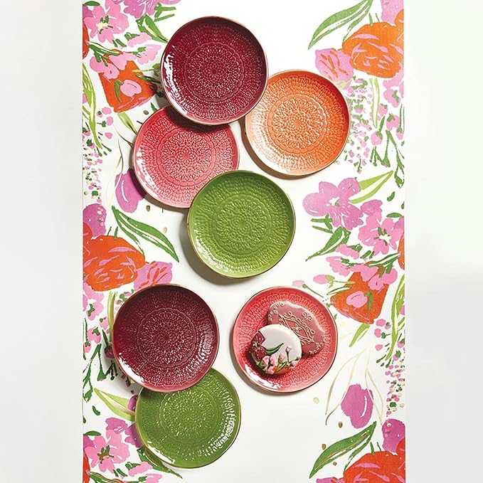 Santa Barbara Design Studio 4-Piece Appetizer Plates Set Gold Rim Stamped Ceramic Dessert Plates, 6" Diameter, Maroon/Pink/Orange/Green