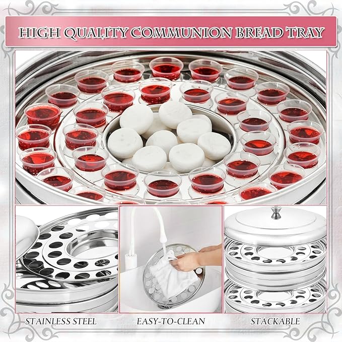 VJR Communion Tray Set with Bread Plate & Cover – Polished Stainless Steel Drink Serving Set – Church Communion Plates and Tray Set