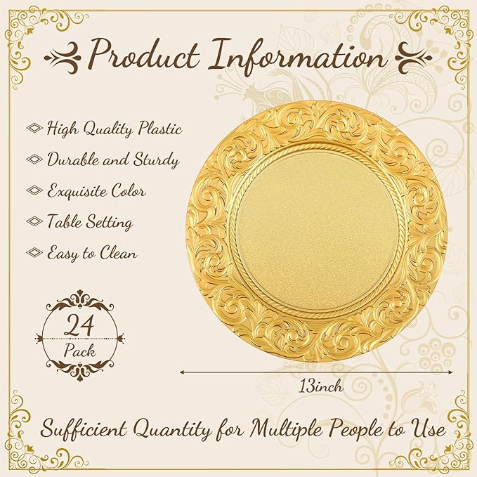 Uiifan 24 Pcs Antique Charger Plates Bulk 13'' Plastic Embossed Dinner Plate Chargers Round Floral Plates for Wedding Decorative Chargers for Table Dinner Kitchen Party Decoration (Gold)