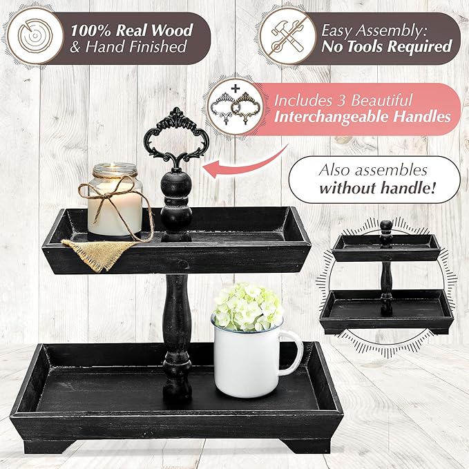 Felt Creative Home Goods Rectangle Rustic Wood Two Tiered Tray, 2 Tier Serving Tray for Coffee Bar, Kitchen Counter, Dining Room Table, Cupcake Stand, Holiday and Farmhouse Decor (Rustic Black)