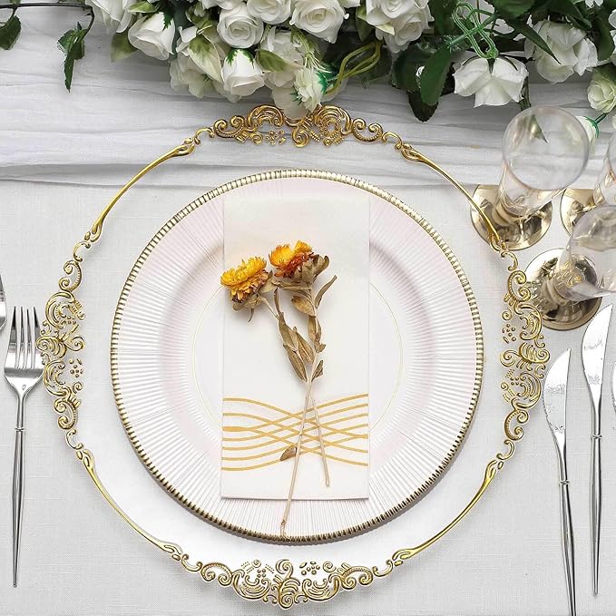 13" Charger Plates -Set of 12 - Acrylic Clear Gold Round Baroque Disposable Chargers Leaf Embossed Rim, Ideal for Dinner Party Wedding Bulk Events