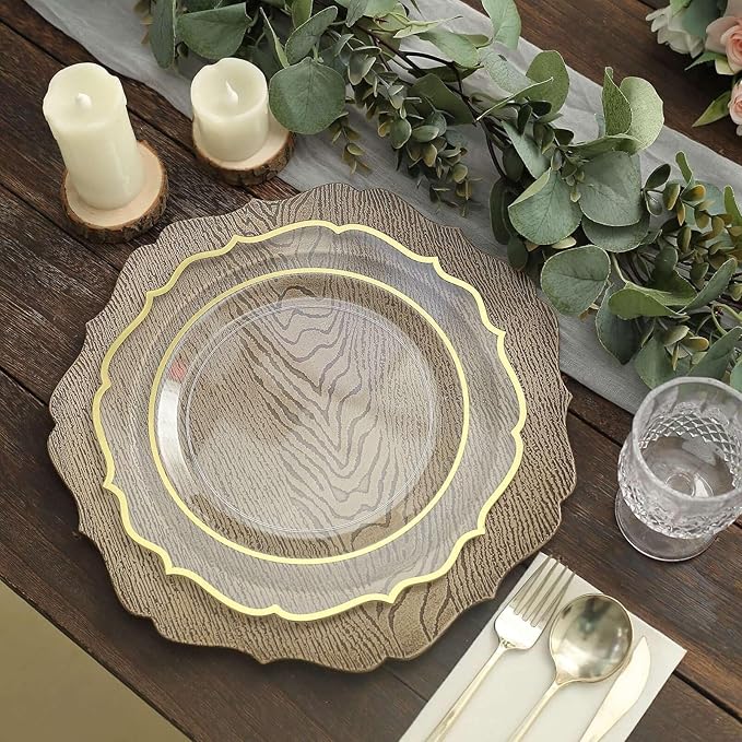 Efavormart 6 Pack | 13" Rustic Natural Wooden Textured Acrylic Charger Plates With Scalloped Rim