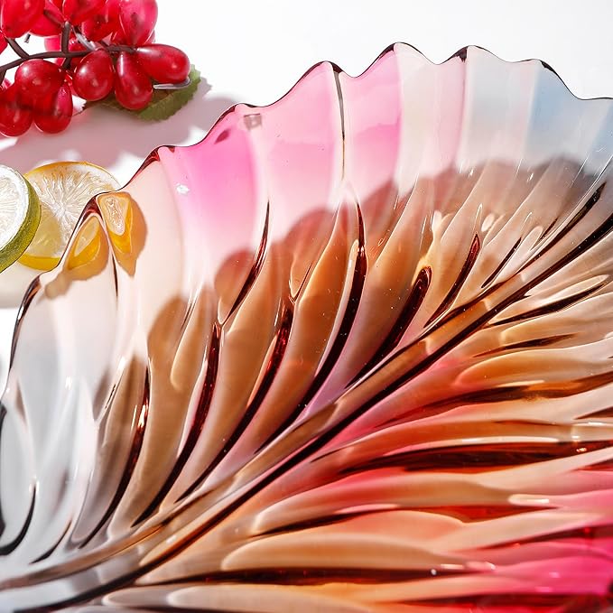 MAGCOLOR Creative Colorful Hand painted Crystal Glass Leaf-shaped Decorative Bowl -12.2 inch Diameter Fruit Display & Kitchen Table Centerpiece.
