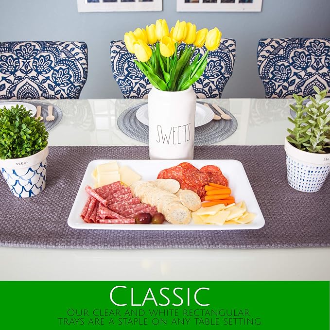 Plasticpro Plastic Serving Trays - Serving Platters Rectangle 10 X 14 Disposable Party Dish White Pack of 12