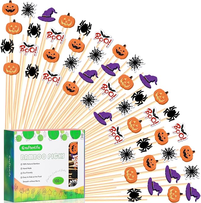 100pcs 5" Halloween Cocktail Picks Ghost Pumpkin Spider Boo Bat Theme Decor Toothpicks Skewers Sticks Sandwich Appetizer Charcuterie Board Accessories Food Garnish, Halloween Themed Party Decorations