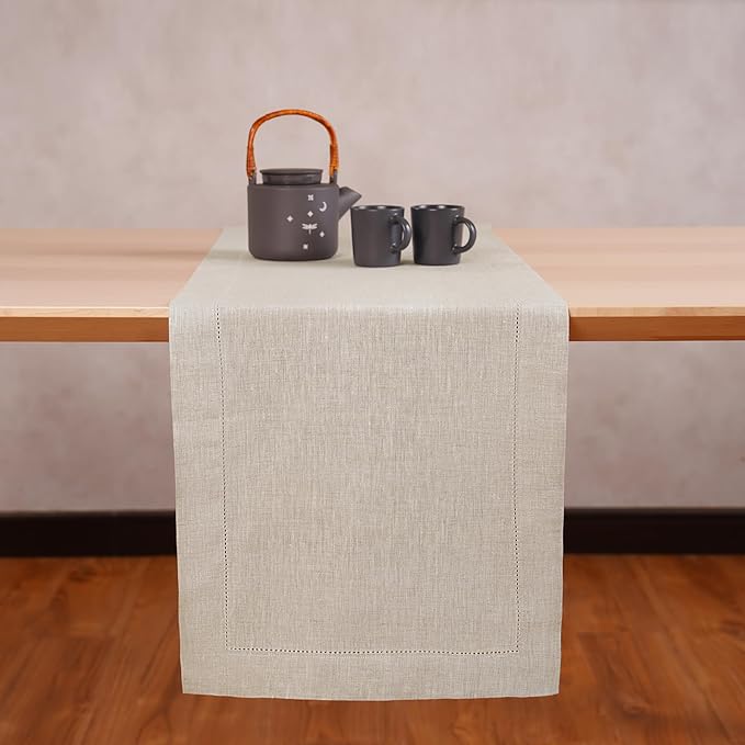 Home Ekaa Linen Light Natural Table Runner 36 Inches - 100% Pure Linen Cloth Fabric Hemstitch Table Runner 14 x 36 Inch for Dining, Dresser, Thanksgiving, Fall Christmas - Lino