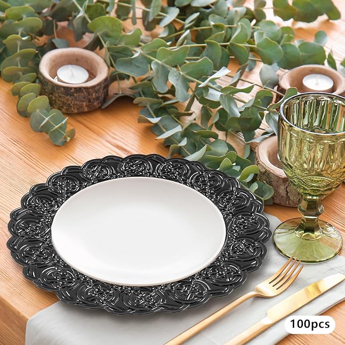 100 Pcs Antique Charger Plates Bulk 13 Inch Embossed Rim Plastic Party Dinner Plate Chargers Round Decorative Server Plate for Wedding Party Event Tableware (100pcs-black2)