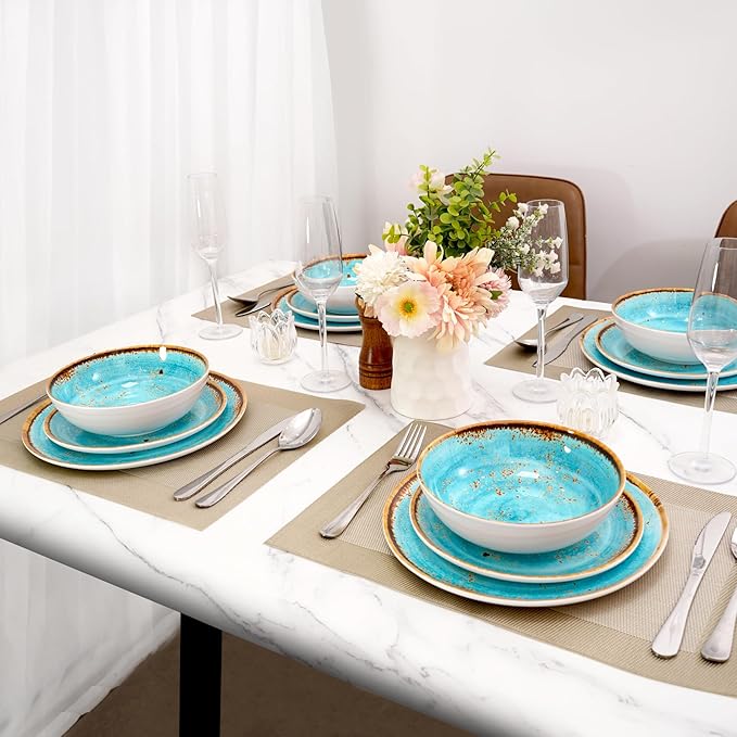 TP 12-Piece Dinnerware Set, Melamine Dishes Set with Bowls and Plates, Non-breakable and Lightweight Dinner Service for 4, Turquoise Swirl
