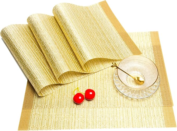 Placemats,PlasticVinyl Washable Heat-Resistant Durable PVC Non-Slip Woven for Kitchen Dining Table Mats (Set of 6, Gold)