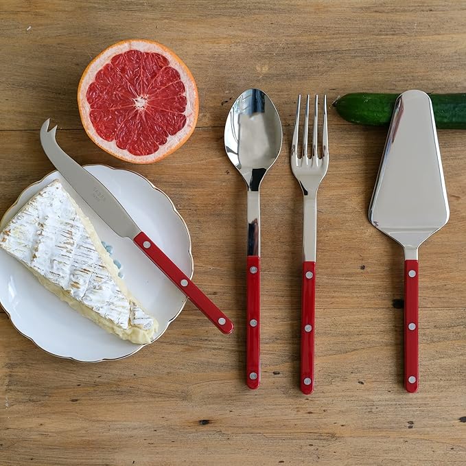 SABRE PARIS - 4-Piece Serving Set - Bistrot Collection - 2 Serving Flatware, Serrated Pie Server, Large Cheese Knife - Stainless Steel & Nylon - Dishwasher Safe - Burgundy - Brilliant Finish