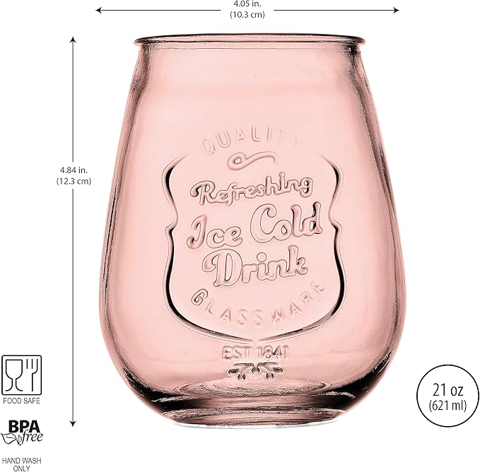 Wine Glasses Set Of 4 Assorted Colored Stemless Glasses 21 OZ. Original Mason Large Wine Cup, Red and White Wine Drinking Water Glasses. Juice, Cocktails, Smoothies, Vintage Bar | Large Wine Cup, Red and White Wine, Juice, Cocktails, Smoothies