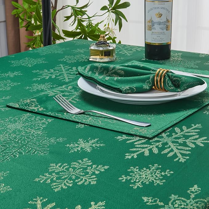 Rectangle Fancy Metallic Sparkling Snowflake Christmas Fabric Table Cloth red Hunter Gold Navy White Silver No-Iron Soil Resistant Woven Holiday Table Cover(Hunter Gold/60x104Inch)