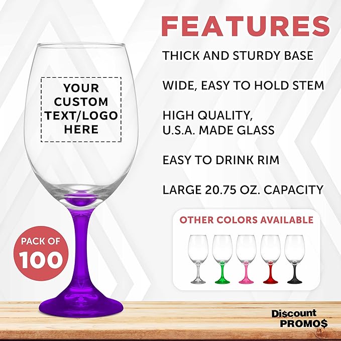Custom Rioja Grand Wine Glasses 20.75 oz. Set of 100, Personalized Bulk Pack - Perfect for Hotel, Bar, Restaurant or Lounge - Purple