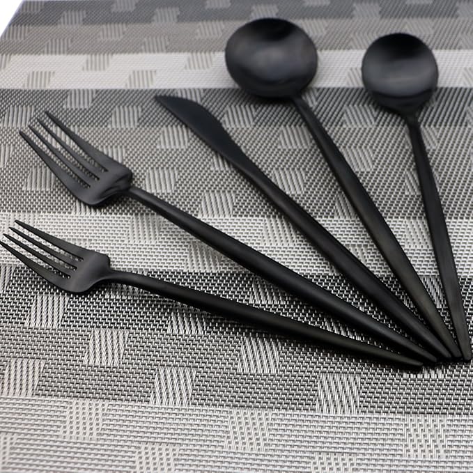 Luxury Black Matte Flatware 10 Pieces 18/10 Stainless Steel Salad Spoons and Forks Knife Set Black Silverware Set DISHWASHER SAFE, Service for 2