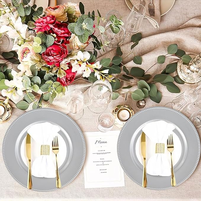 50 Pcs Silver Charger Plates Round Charger Plates13 Inch Bulk Wedding Dinner Elegant Reusable Plastic Chargers Plates Wedding Holiday Party Baby Shower Event Decoration (Silver)
