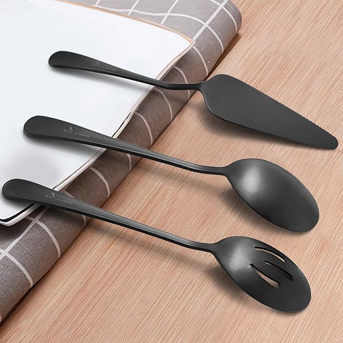 LIANYU 5-Piece Matte Black Serving Utensils Set, Stainless Steel Flatware Serving Set, Ideal for Buffet Catering Party, Satin Finish, Dishwasher Safe