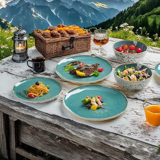 12pcs Dinnerware Set Service for 4, Handmade, Stoneware,Ceramic, Dish Set, Plates and Bowls set, Dinner Set, Reactive Glazed, Microwave and Dishwasher Safe (BLUE)