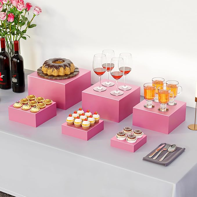 ihomecooker Metal Buffet Risers,6PCS Food Risers for Buffet Table 5in to 10in Display Stand for Catering Dessert Pink Cube Boxes Nesting Risers for Girl Princess party with Hollow Bottoms