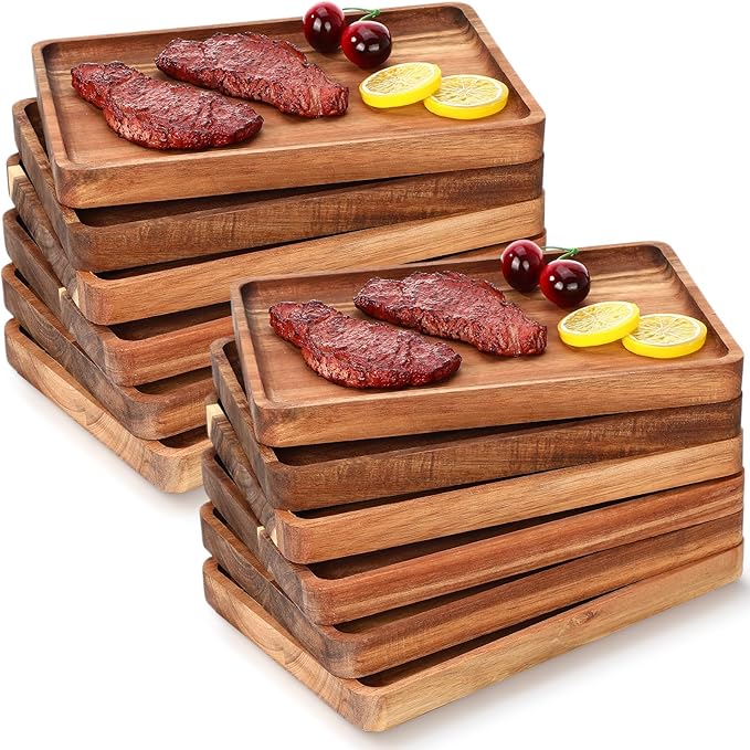 Roshtia 12 Pcs Acacia Wood Serving Tray Rectangular Wooden Serving Platter Christmas Dinner Plates Wood Cheese Charcuterie Board for Food Vegetable, Charcuterie, Appetizer (8'' X 12'' X 1'')